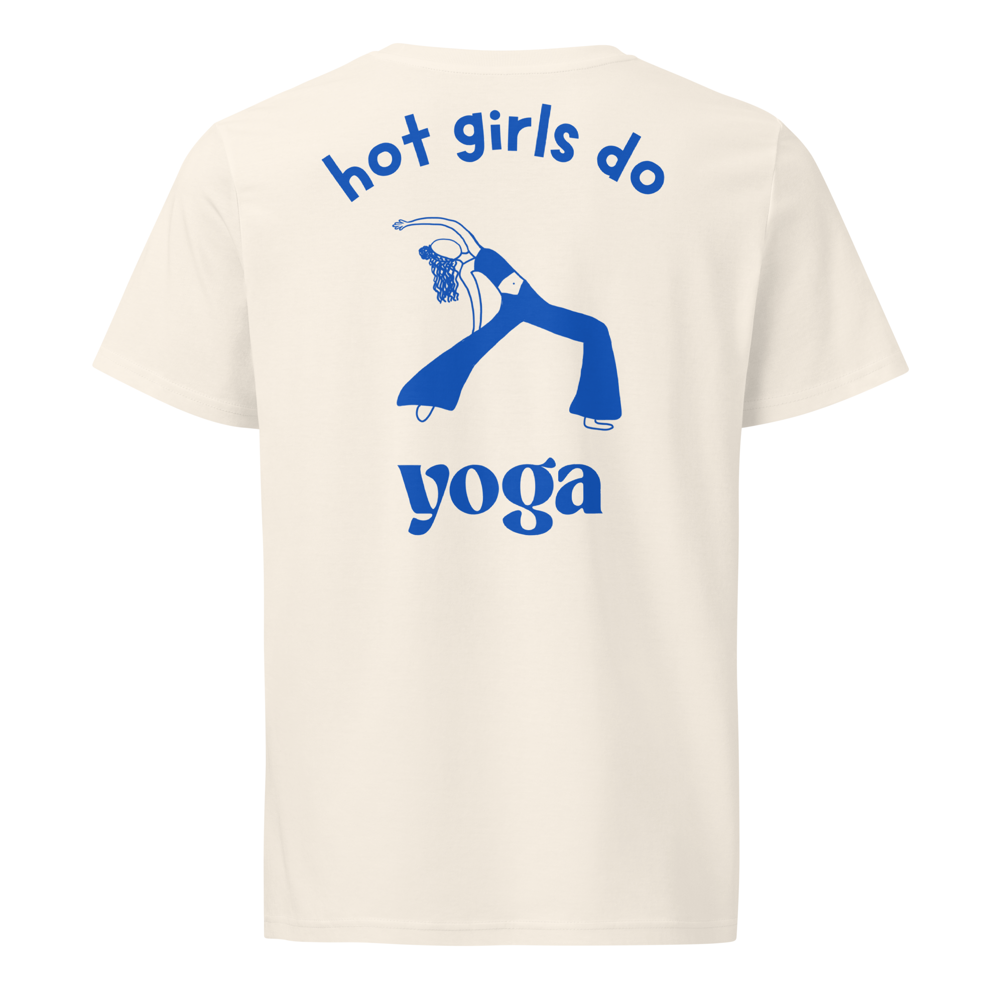 Kreemikas T-särk sinise tekstiga „hot girls do yoga” ja joogapoosi kujutisega.